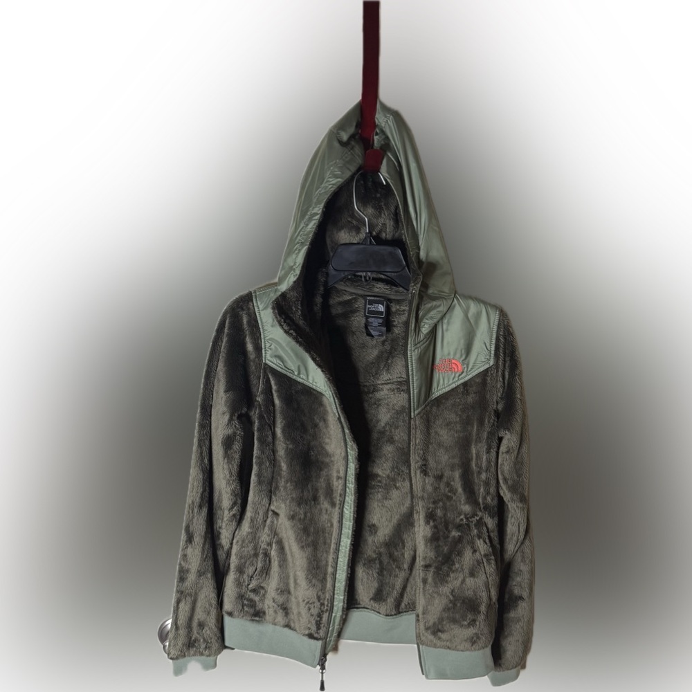 NWT North Face Dark Olive Green W/ coral accents full zip furry Hoodie. Women XS